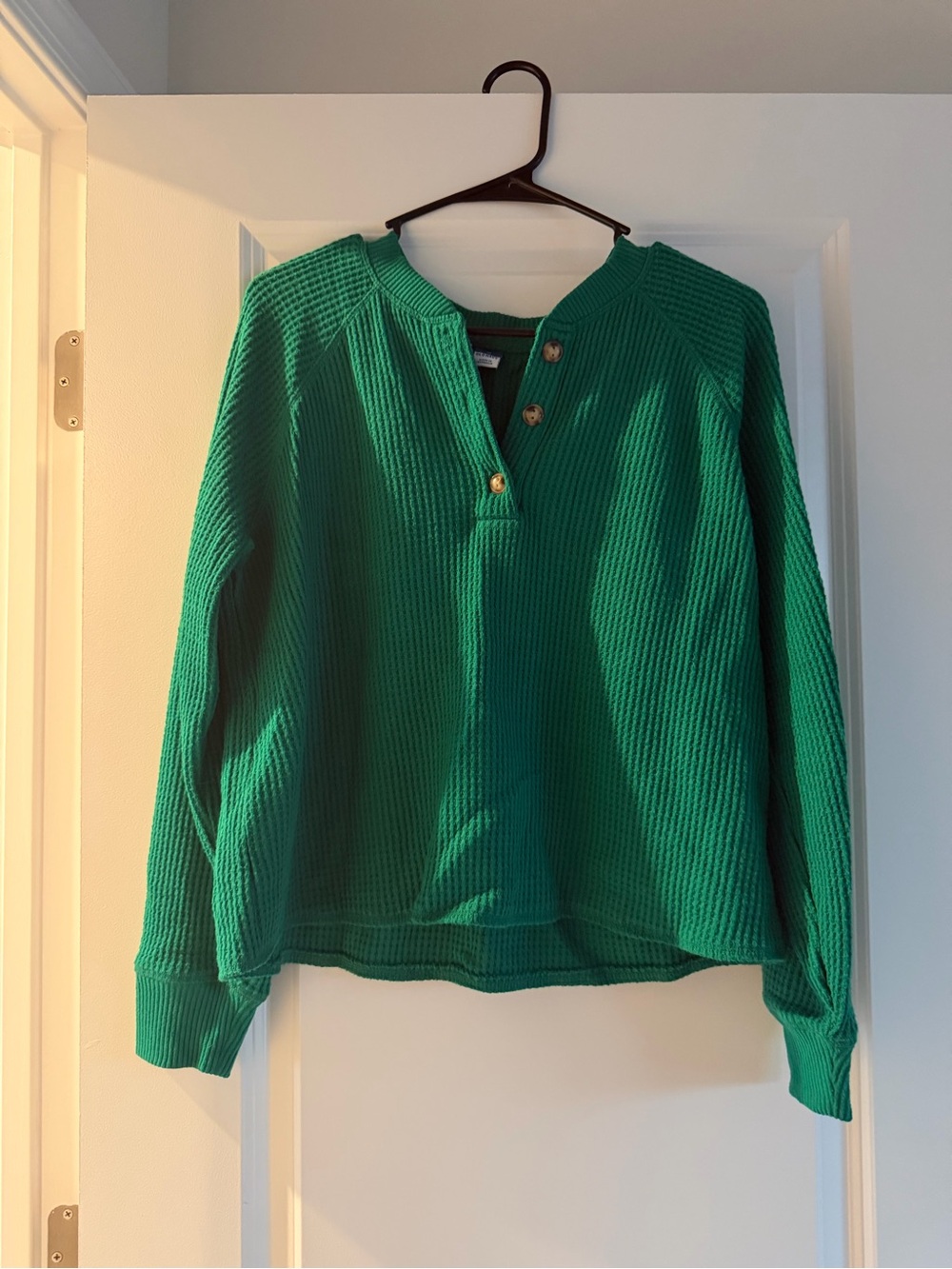 Green Waffle-Knit Crewneck Henley Sweater